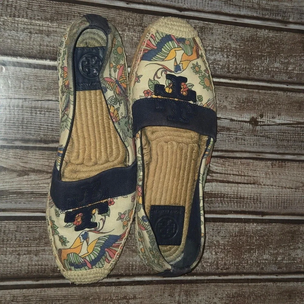 Sz 7.5 Womens Tory Burch Weston Espadrille Blue Bird Floral Print Canvas Shoes - Picture 6 of 7